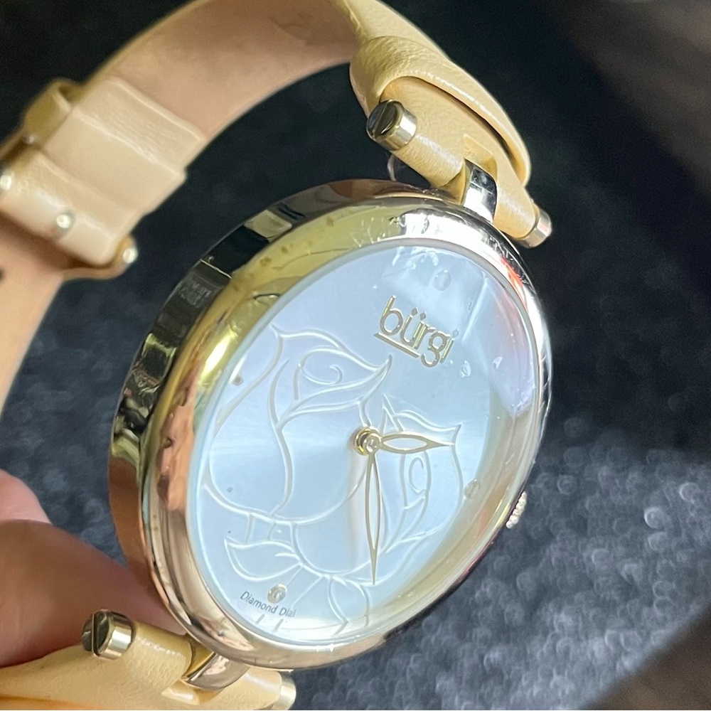 Women's Burgi Flower Engraved Diamond Dial Genuine Leather Strap Watch with box - Picture 12 of 16
